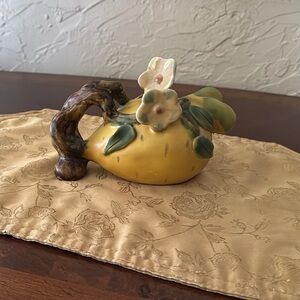 Vintage Mann MM Yellow Studio Art Pottery Ceramic Teapot with Tree Floral Design